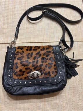 Black Leather Crossbody with Leopard Haircalf Flap CCW Approved